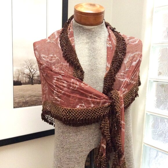 Heavy Beaded Shawl, Leaf Design, Brown Rust Color Rhinestones, Ladies Wrap Scarf - Picture 2 of 10